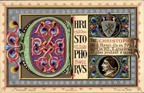Litho Papst Christophorus, Portrait, Wappen