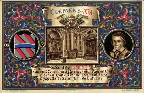 Litho Papst Clemens XII, Portrait, Wappen