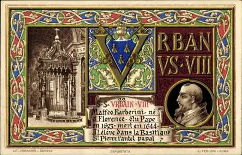 Litho Papst Urban VIII., Urbanus VIII, Maffeo Barberini, Wappen