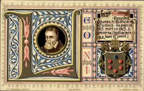 Litho Papst Leo XI., Alessandro Ottaviano de Medici, Wappen