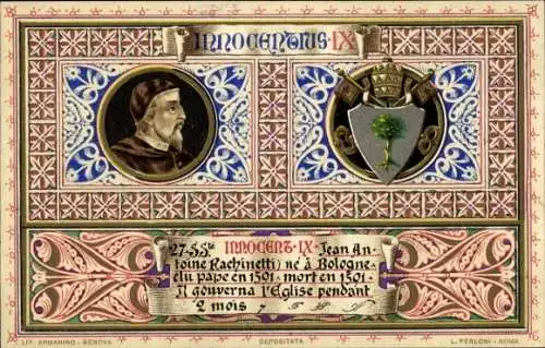 Litho Papst Innozenz IX., Innocentius IX, Giovanni Antonio Facchinetti, Wappen