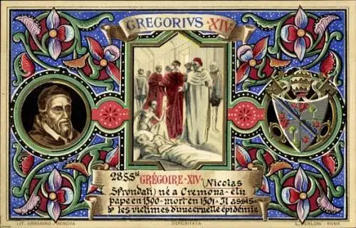 Litho Papst Gregor XIV., Portrait, Wappen