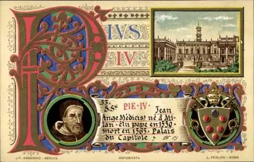 Litho Papst Pius IV., Portrait, Wappen