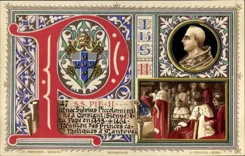 Litho Papst Pius II., Portrait, Wappen