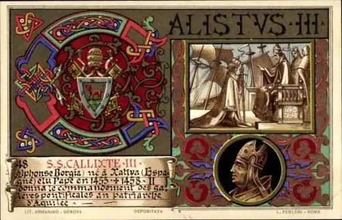 Litho Papst Calistus III, Callixtus, S. S. Callixte, Calixt III., Alphonse Borgia, Wappen