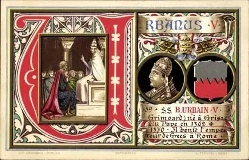 Litho Papst Urban V., Urbanus V., Guillaume de Grimoard, Wappen