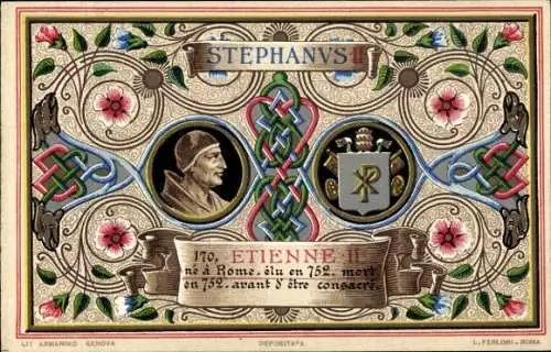 Litho Papst Stephan II., Etienne II., Portrait, Wappen