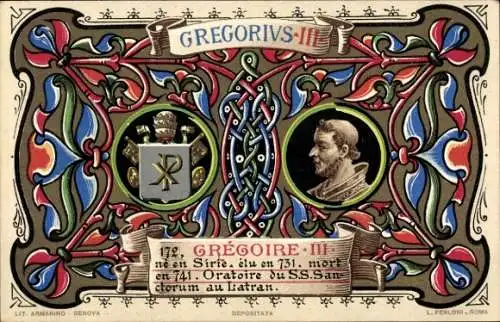 Litho Papst Gregor III., Portrait, Wappen