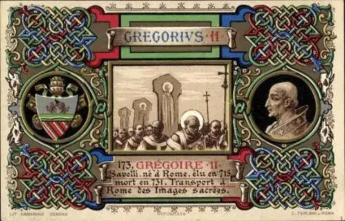 Litho Papst Gregor II., Portrait, Wappen