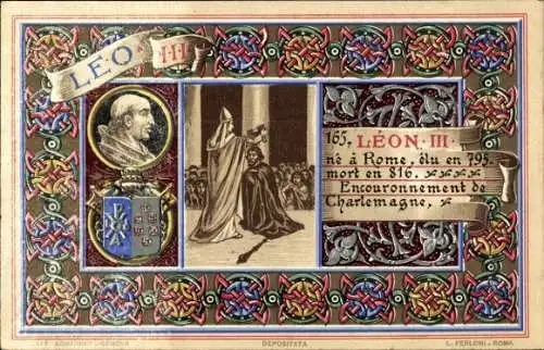Litho Papst Leo III., Portrait, Wappen
