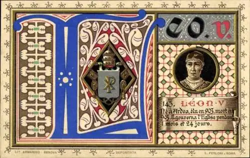 Litho Papst Leo V., Portrait, Wappen