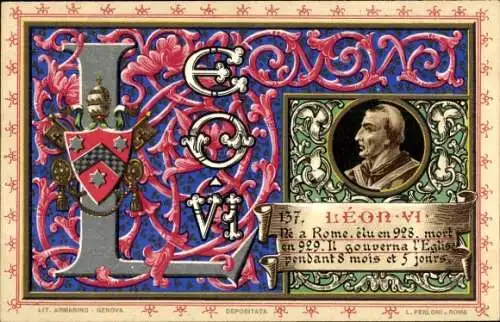 Litho Papst Leo VI., Portrait, Wappen