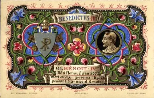 Litho Papst Benedikt IV., Portrait, Wappen