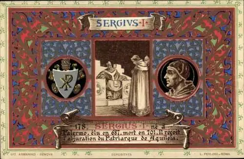Litho Papst Sergius I., Portrait, Wappen