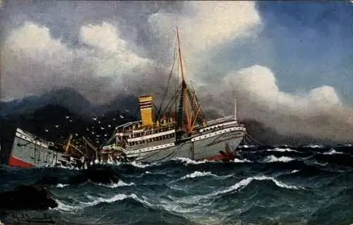 Künstler Ak Durchgebrochen, Dampfer in Seenot