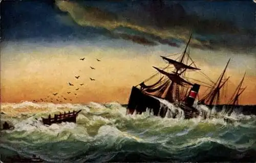 Künstler Ak Auf der Barre gestrandet, Dampfer