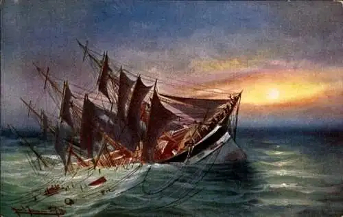 Künstler Ak Segelschiff beim Versinken, Abend