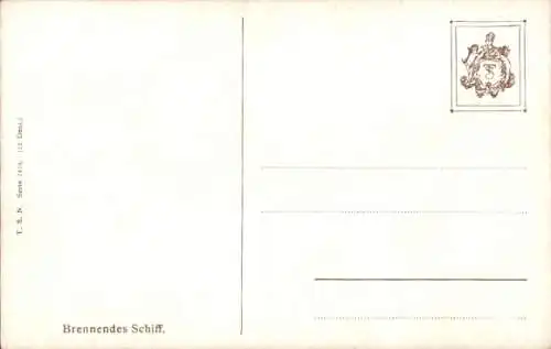 Künstler Ak Brennendes Segelschiff auf Hochsee, Rettungsboote