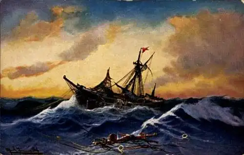 Künstler Ak Verlassen, Segelschiff, Stürmisches Meer