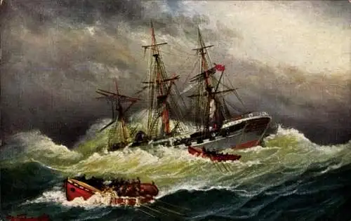 Künstler Ak Segelschiff beim Versinken, Rettungsboot