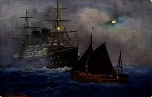 Künstler Ak Kollisionsgefahr, Dampfschiff, Segelyacht, Nachtfahrt