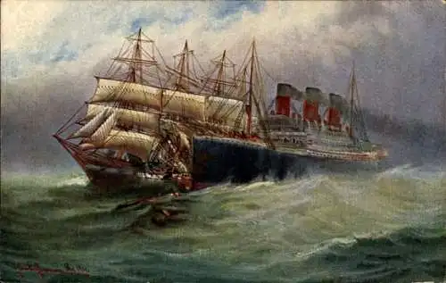 Künstler Ak Jansen, Alfred, Kollision bei nebligem Wetter, Dampfschiff, Segelschiff, Schiffsunglück