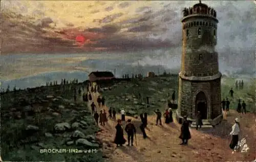 Künstler Ak Brocken Nationalpark Harz, Aussichtsturm, Brockenhotel