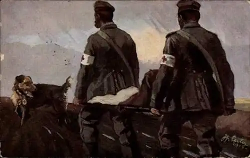 Künstler Ak Sailer, Sanitätshund, Sanitäter tragen Verwundeten ins Lazarett, Rotes Kreuz