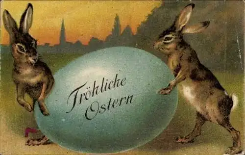 Litho Glückwunsch Ostern, Zwei Hasen mit großem Osterei