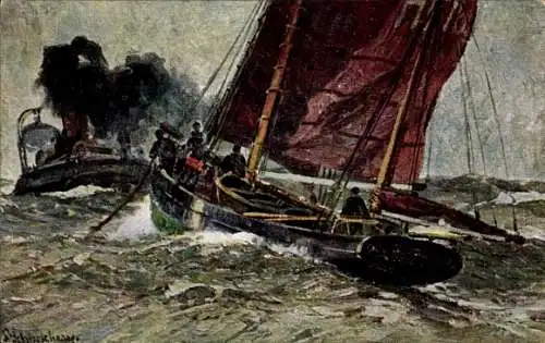 Künstler Ak Seenotrettungsboot auf dem Meer