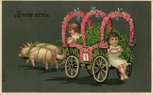 Präge Ak Glückwunsch Neujahr, Kleeblatt, Kinder, Schweine