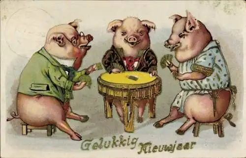 Präge Ak Glückwunsch Neujahr, Schweine, Kartenspiel