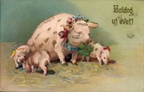 Präge Ak Glückwunsch Neujahr, Schweine, Klee