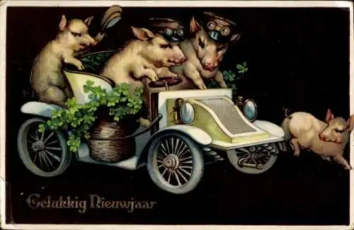 Ak Glückwunsch Neujahr, Vermenschlichte Schweine, Klee, Automobil
