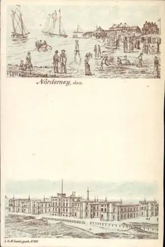 Litho Nordseebad Norderney Ostfriesland, Strand, Hotels