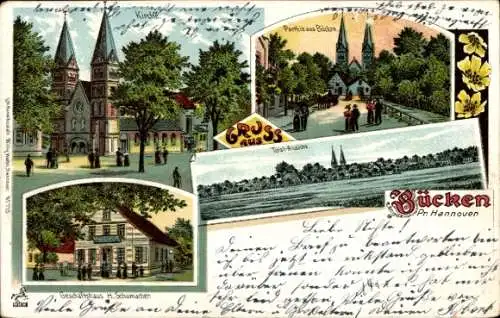 Litho Bücken in Niedersachsen, Kirche, Geschäftshaus, Totalansicht