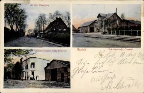 Ak Hasloh in Schleswig Holstein, An der Chaussee, Geschäftshaus Fritz Eckardt, Schadendorf's Gasthof