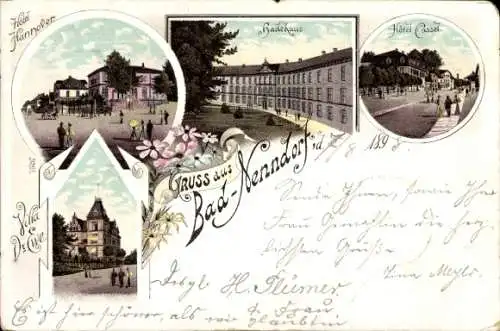 Litho Bad Nenndorf im Kreis Schaumburg, Hotel Cassel, Hotel Hannover, Badehaus, Villa Dr. Ewe
