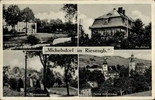 Ak Miszkowice Michelsdorf im Riesengebirge, Gaststätte H.Rasper, Ev. Schule, Kirchen, Kriegerdenkmal