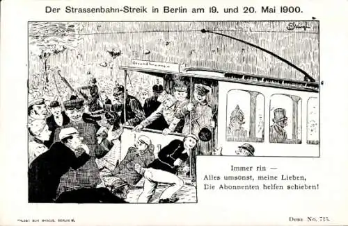 Künstler Ak Berlin, Straßenbahn-Streik 19. u. 20. Mai 1900, Die Abonnenten helfen schieben