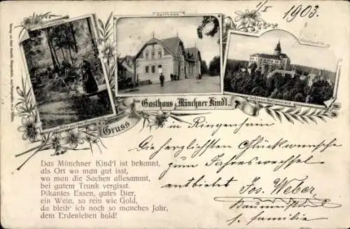 Ak Frýdlant v Čechách Friedland in Böhmen, Gasthaus Münchner Kindl, Schloss Wallenstein