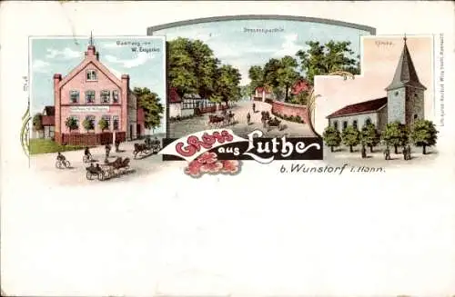 Litho Luthe Wunstorf in Niedersachsen, Gasthaus W. Engelke, Kirche, Straßenpartie