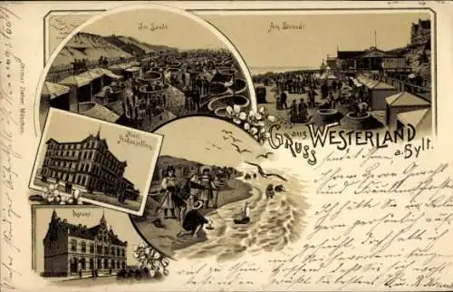 Litho Westerland auf Sylt, Strand, Hotel Hohenzollern, Postamt