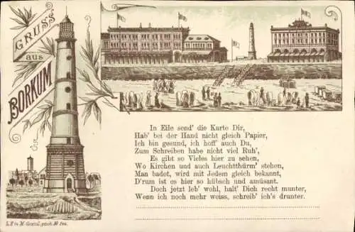 Litho Nordseebad Borkum in Ostfriesland, Leuchtturm, Hotels, Gedicht