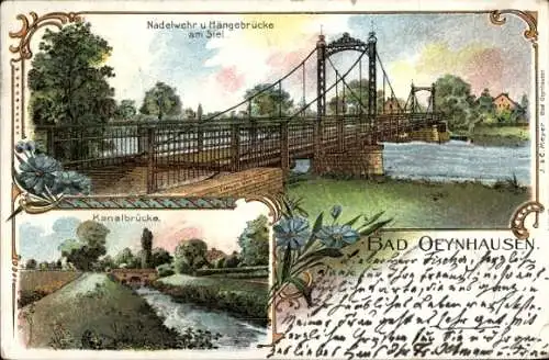Litho Bad Oeynhausen in Westfalen, Nadelwehr, Hängebrücke am Siel, Kanalbrücke