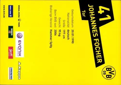 Autogrammkarte BVB 09, Johannes Fochner, Tor, Portrait, Autogramm