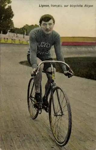 CPA Cycliste Lignon, français, sur bicyclette Alcyon