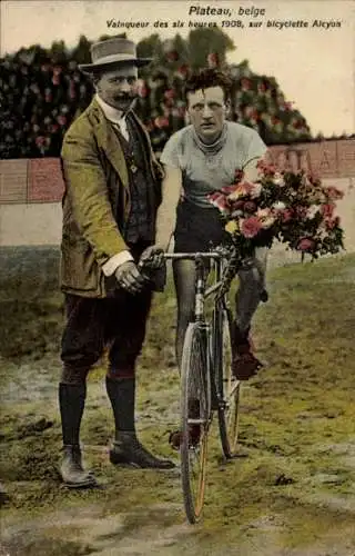 CPA Cycliste Plateau, belge Vainqueur des six heures 1908, sur bicyclette Alcyon