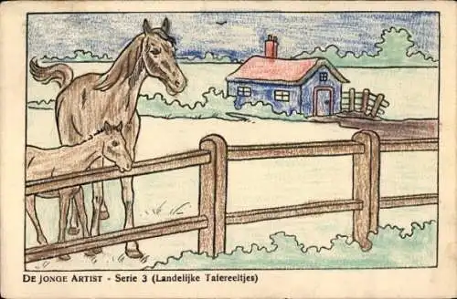 Ak Zwei Pferde stehen am Zaun, Wiese, Wohnhaus