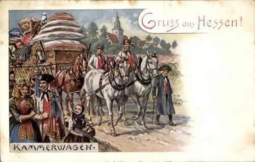Künstler Litho Hessische Trachten, Kammerwagen